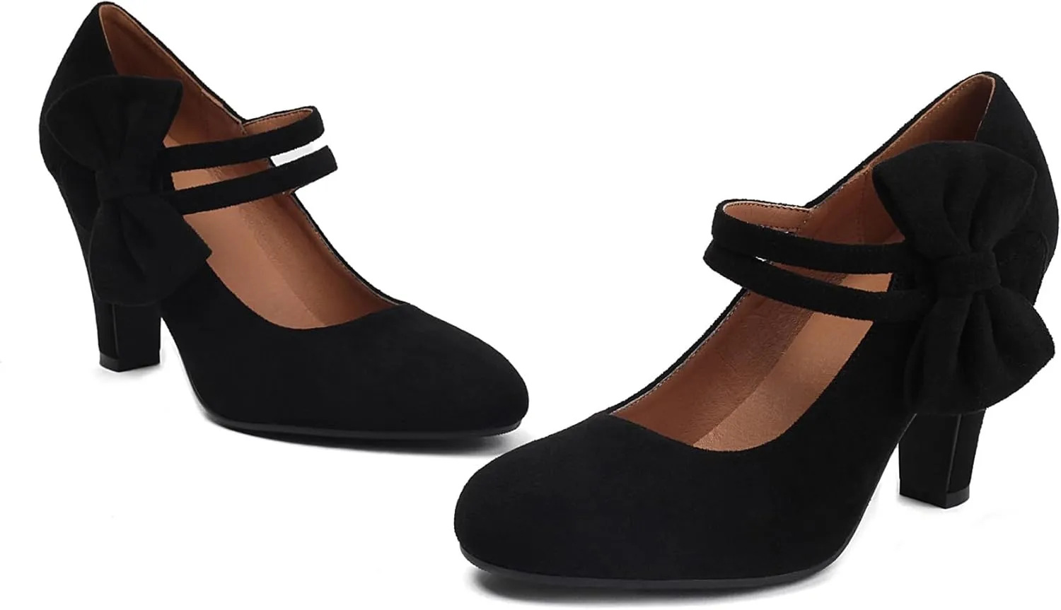 Women's Mary Jane Close Round Toe Vintage 1950s Heels Bow Double Straps Retro 1920s Victorian Pumps 1930s Shoes