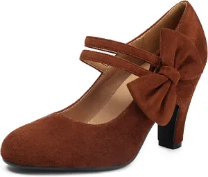 Women's Mary Jane Close Round Toe Vintage 1950s Heels Bow Double Straps Retro 1920s Victorian Pumps 1930s Shoes