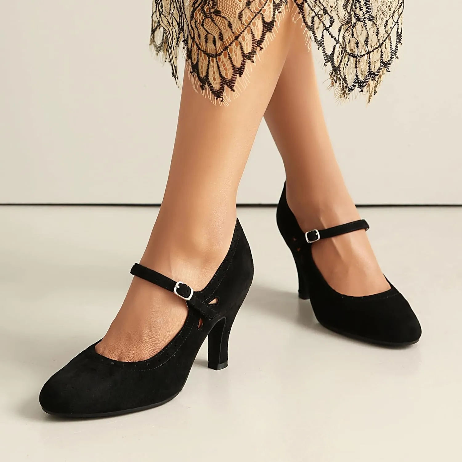 Women's Mary Jane Teardrop Cute Close Round Toe Vintage 1950s Heels Retro 1920s Victorian Pumps 1930s Shoes