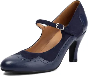 Women's Mary Jane Wingtip Rockability Close Round Toe Vintage 1950s Heels Oxford 1930s Ankle Straps Retro 1920s Victorian Pumps Shoes (Blue US6)