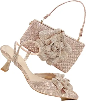 Women’S Mature Style Shoes and Bag Set Peep Toe Square Heel Slip-On Slingbacks for Party