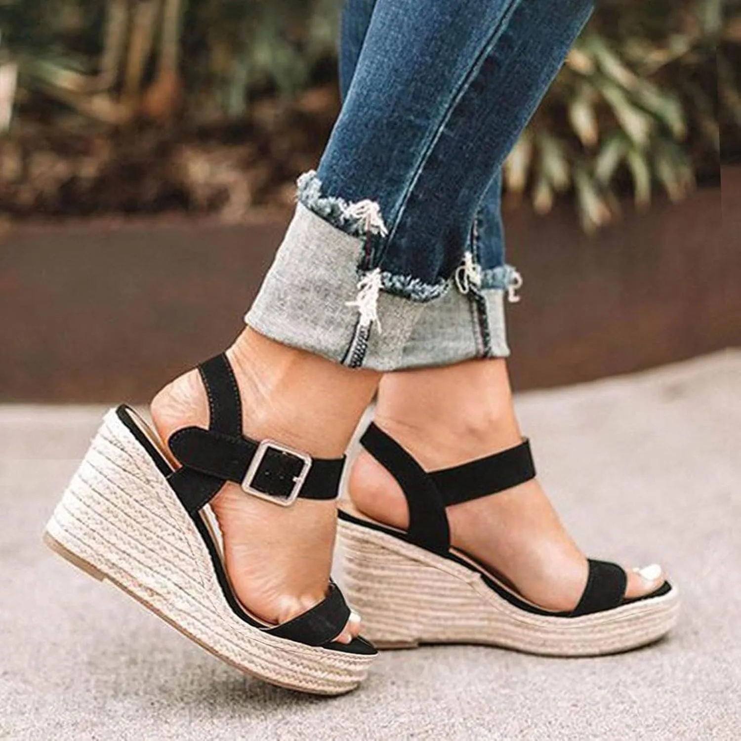 Womens Open Toe Espadrilles Wedges Summer Dressy Slip On Adjustable Ankle Strap Platform Sandals Fashion Breathable Suitable for Work Vacation Shoes