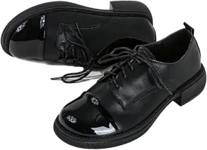 Women's Patent Leather Lace-Up Formal Oxfords Casual Color Matching Round Toe Chunky Heel Dress Shoes for Business Office Work