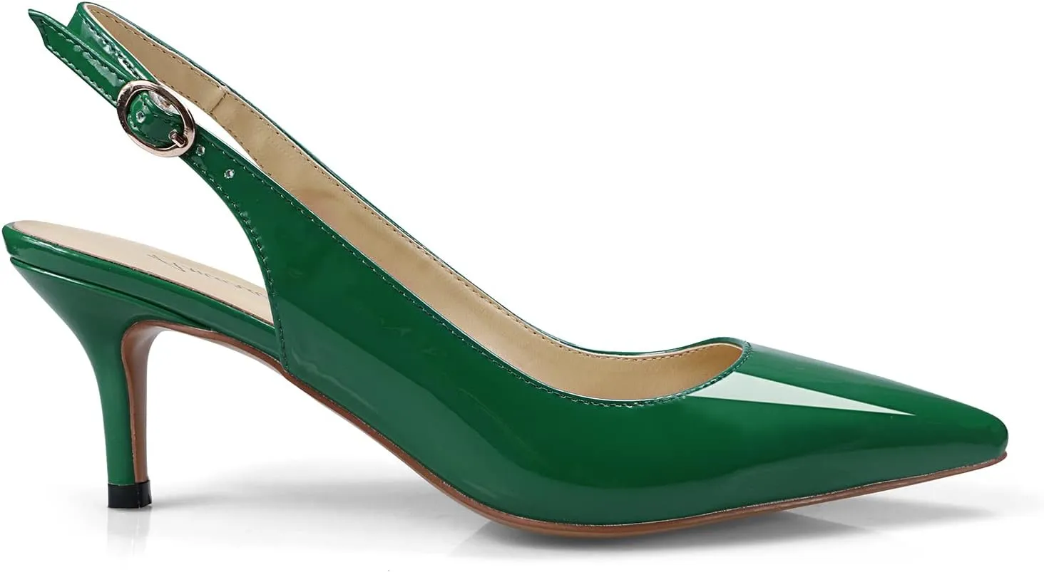 Women's Patent Leather Pointed Toe Elegant Kitten Heel Slingback Dress Pump Shoes