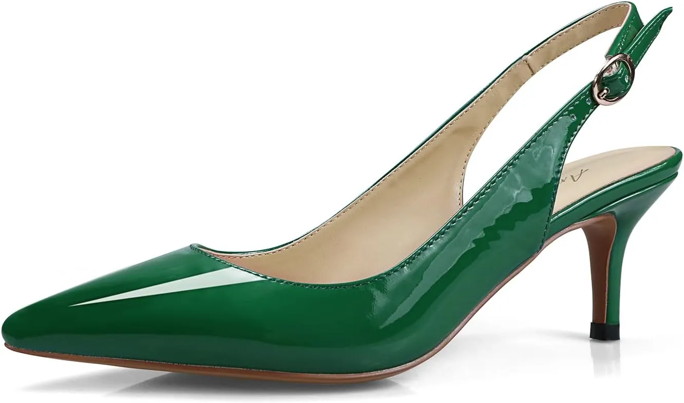 Women's Patent Leather Pointed Toe Elegant Kitten Heel Slingback Dress Pump Shoes