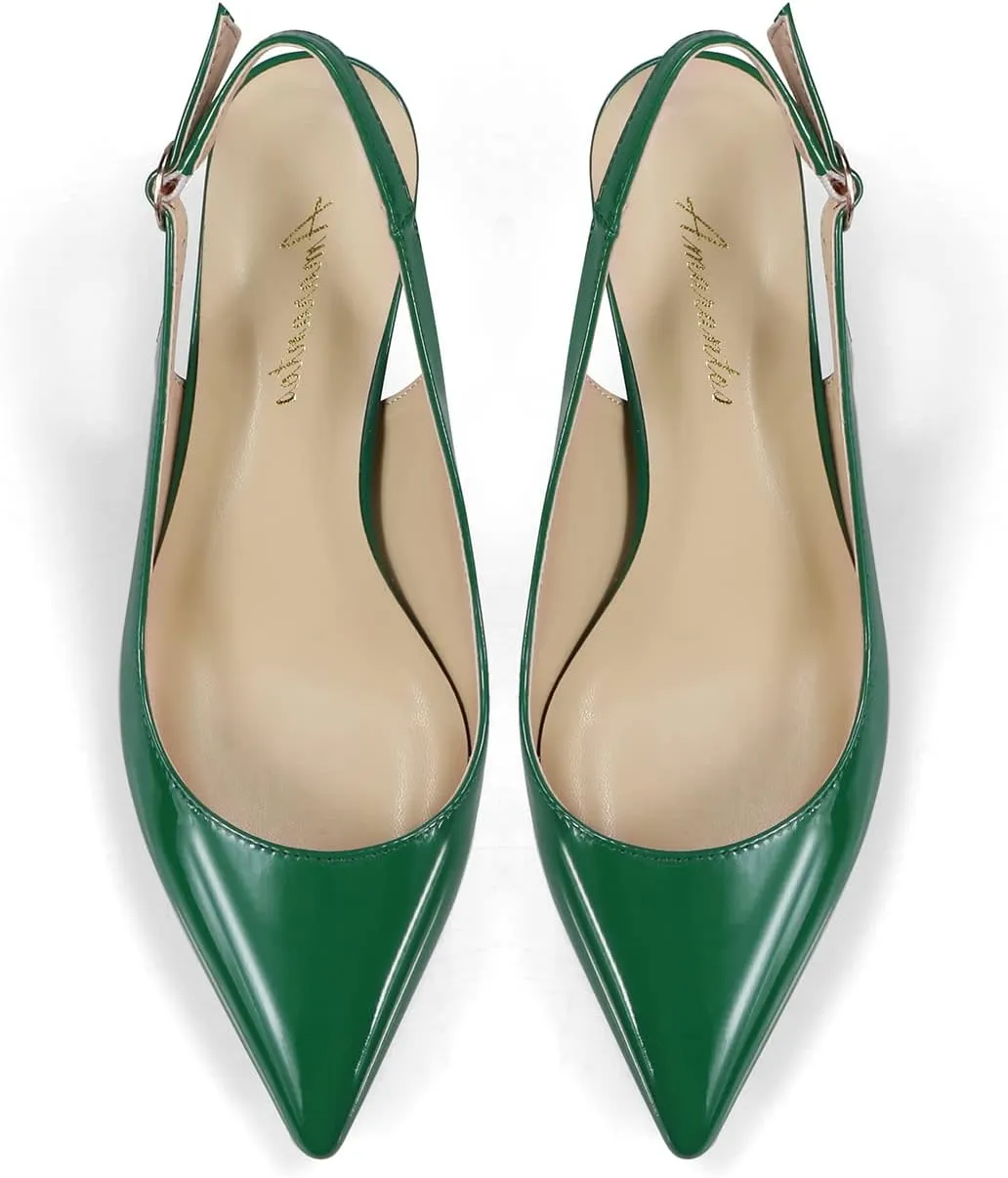 Women's Patent Leather Pointed Toe Elegant Kitten Heel Slingback Dress Pump Shoes