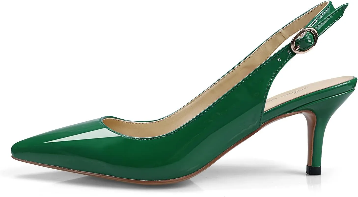 Women's Patent Leather Pointed Toe Elegant Kitten Heel Slingback Dress Pump Shoes