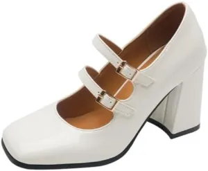 Women's Patent Leather Square Toe Chunky Heel Mary Jane Pumps