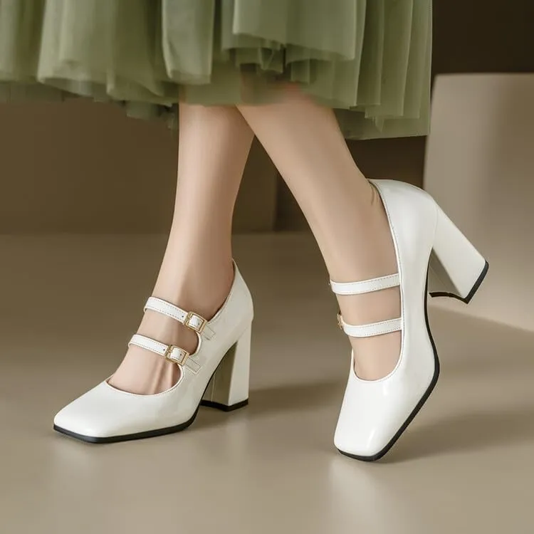 Women's Patent Leather Square Toe Chunky Heel Mary Jane Pumps