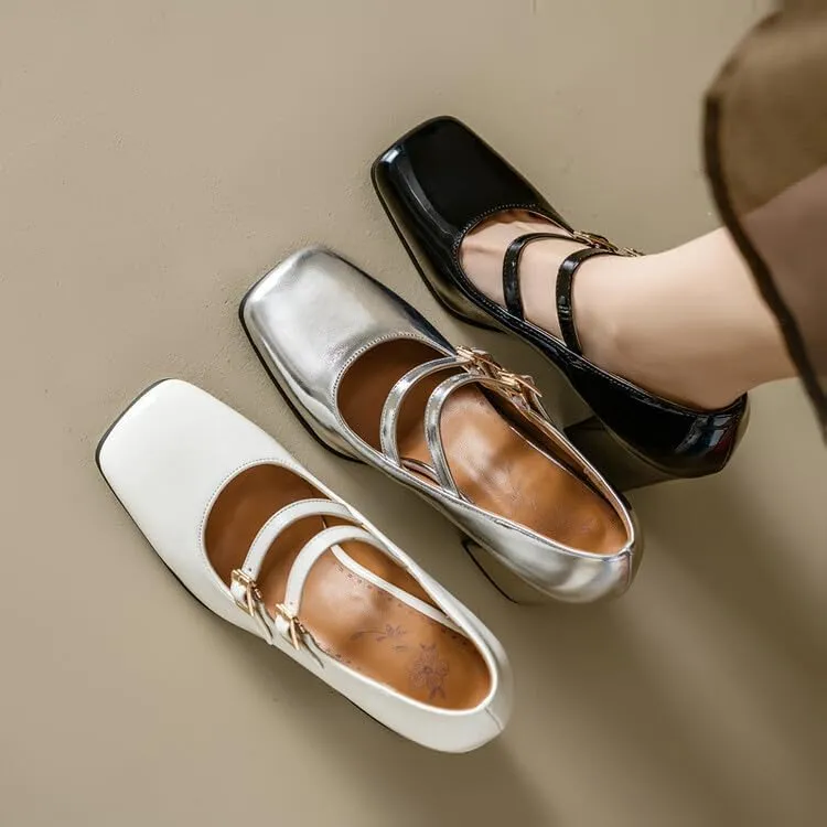 Women's Patent Leather Square Toe Chunky Heel Mary Jane Pumps