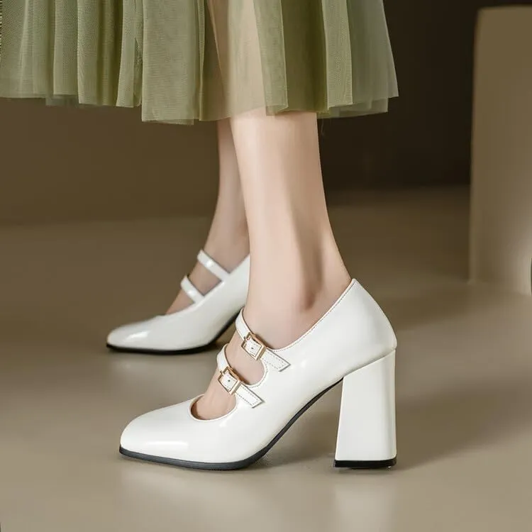 Women's Patent Leather Square Toe Chunky Heel Mary Jane Pumps