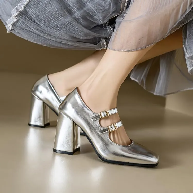 Women's Patent Leather Square Toe Chunky Heel Mary Jane Pumps