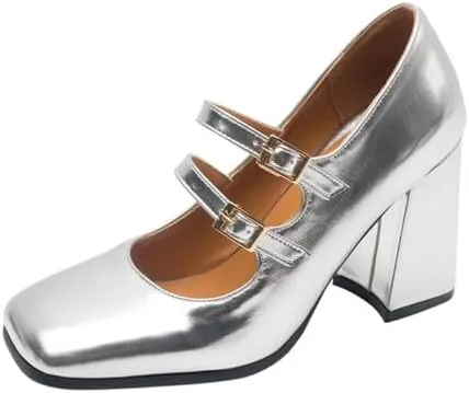 Women's Patent Leather Square Toe Chunky Heel Mary Jane Pumps