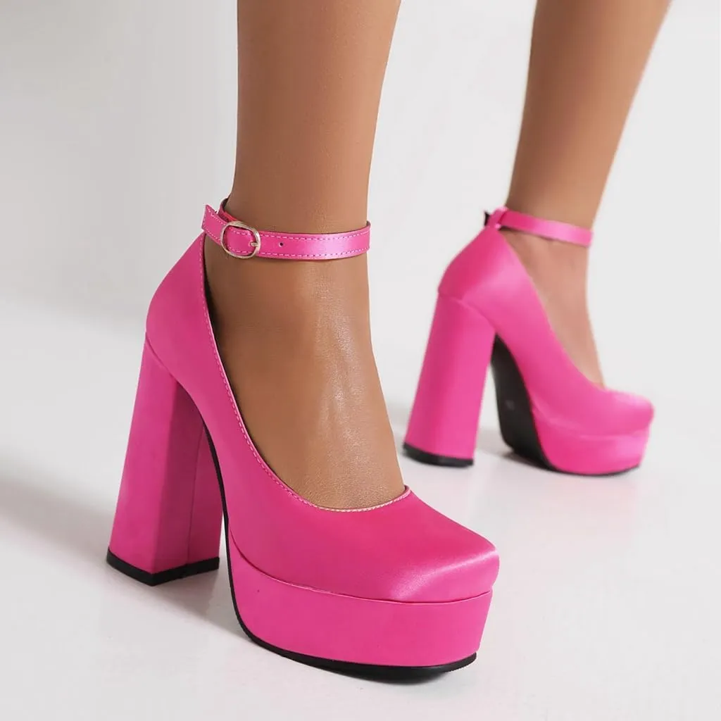 Women's Platform Chunky High Heels Pumps Shoes Square Toe Ankle Strap Elegant Mary Jane Dress Shoe