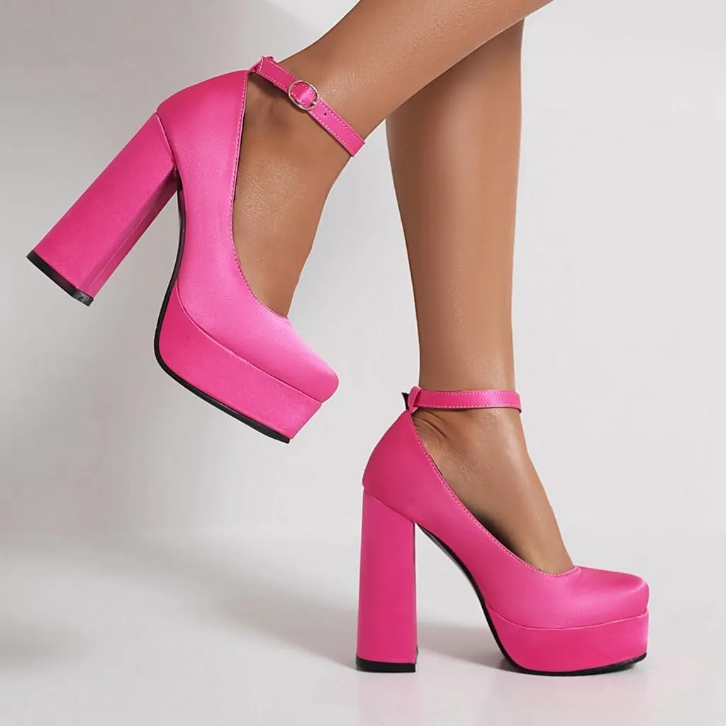 Women's Platform Chunky High Heels Pumps Shoes Square Toe Ankle Strap Elegant Mary Jane Dress Shoe
