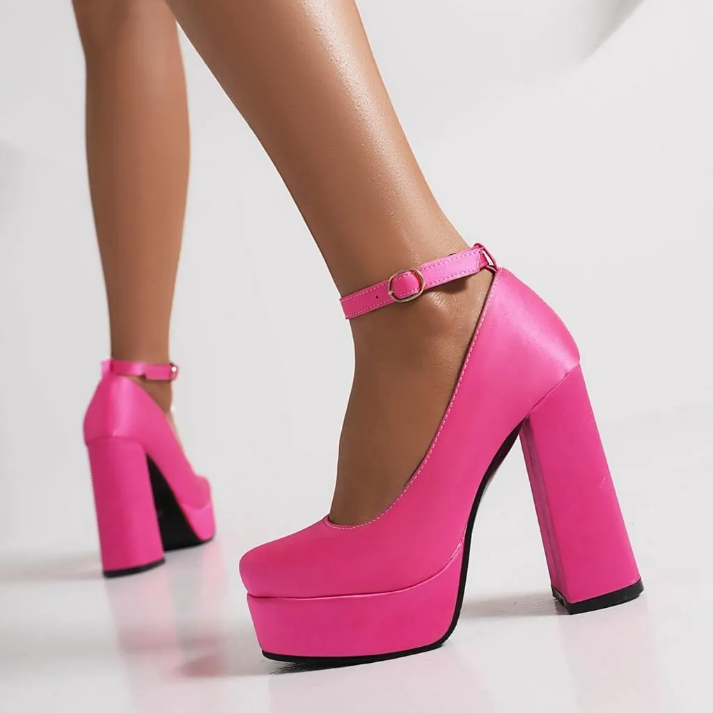 Women's Platform Chunky High Heels Pumps Shoes Square Toe Ankle Strap Elegant Mary Jane Dress Shoe