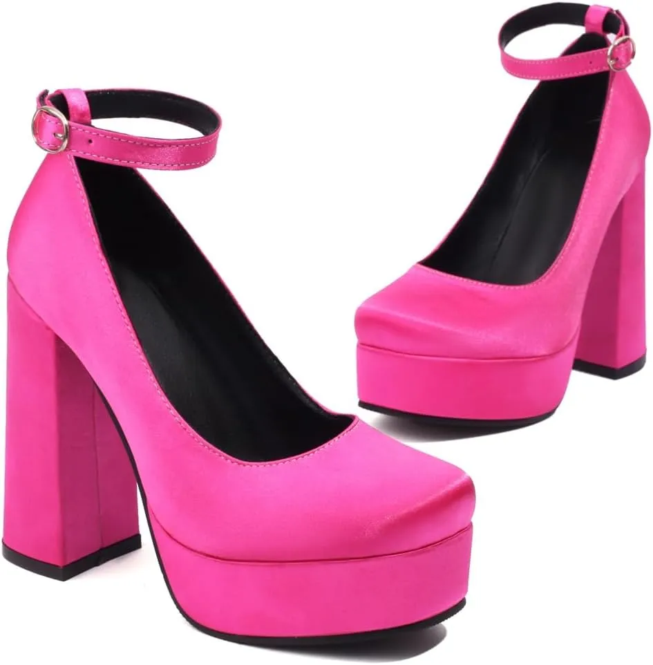 Women's Platform Chunky High Heels Pumps Shoes Square Toe Ankle Strap Elegant Mary Jane Dress Shoe