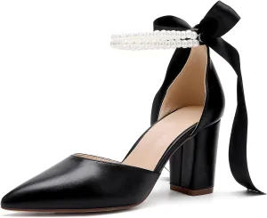 Women's Satin Block Heel Wedding Sandals,High Chunky Ankle Strap Pearl Wedding Dress Shoes,High Heel Bridal Pump Sandals