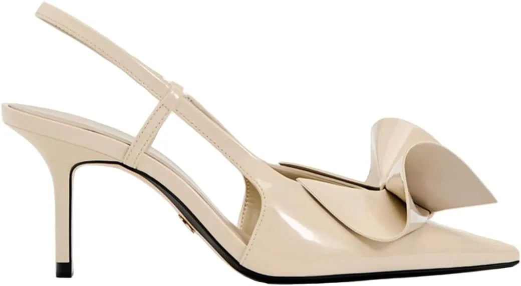 Women's Slingback Heels in A Faux Patent Leather Finish Pump Bow Detail Buckle Closure Thin Heel Pointed Toe Wedding Party Office Dance Dress Shoes