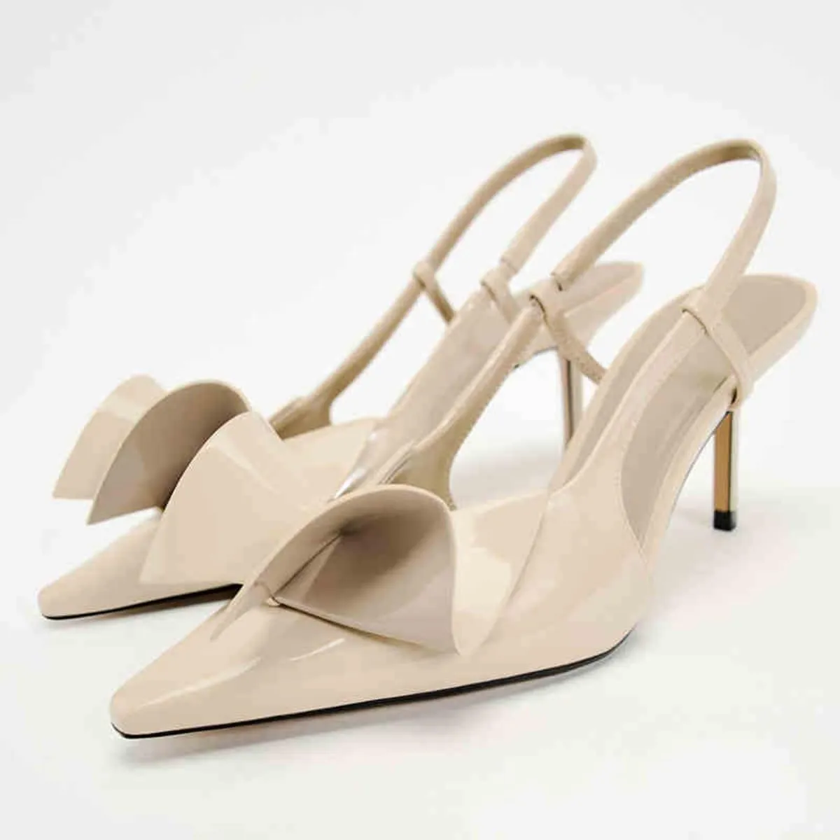 Women's Slingback Heels in A Faux Patent Leather Finish Pump Bow Detail Buckle Closure Thin Heel Pointed Toe Wedding Party Office Dance Dress Shoes