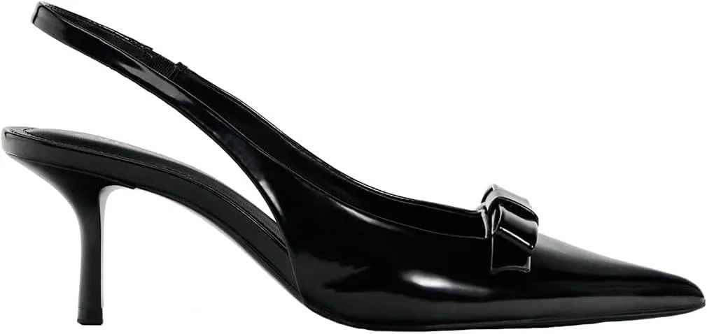 Women's Slingback Heels in A Faux Patent Leather Finish Pump Bow Detail Buckle Closure Thin Heel Pointed Toe Wedding Party Office Dance Dress Shoes
