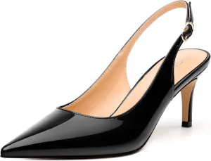 Women's Slingback Pumps, Pointed Toe Buckle Mid Stiletto Heel, Fashion Solid Patent High Heel Shoes for Women