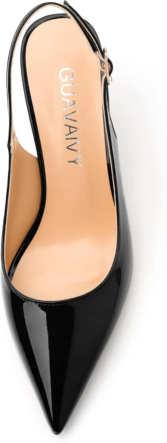 Women's Slingback Pumps, Pointed Toe Buckle Mid Stiletto Heel, Fashion Solid Patent High Heel Shoes for Women