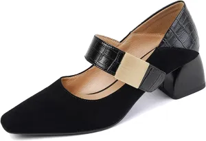 Women's Square Toe Chunky Heel Pumps Closed Toe Hook Loop Mary Jane Shoes Classic Retro Comfortable Heels Office Wedding Work Dress Shoes