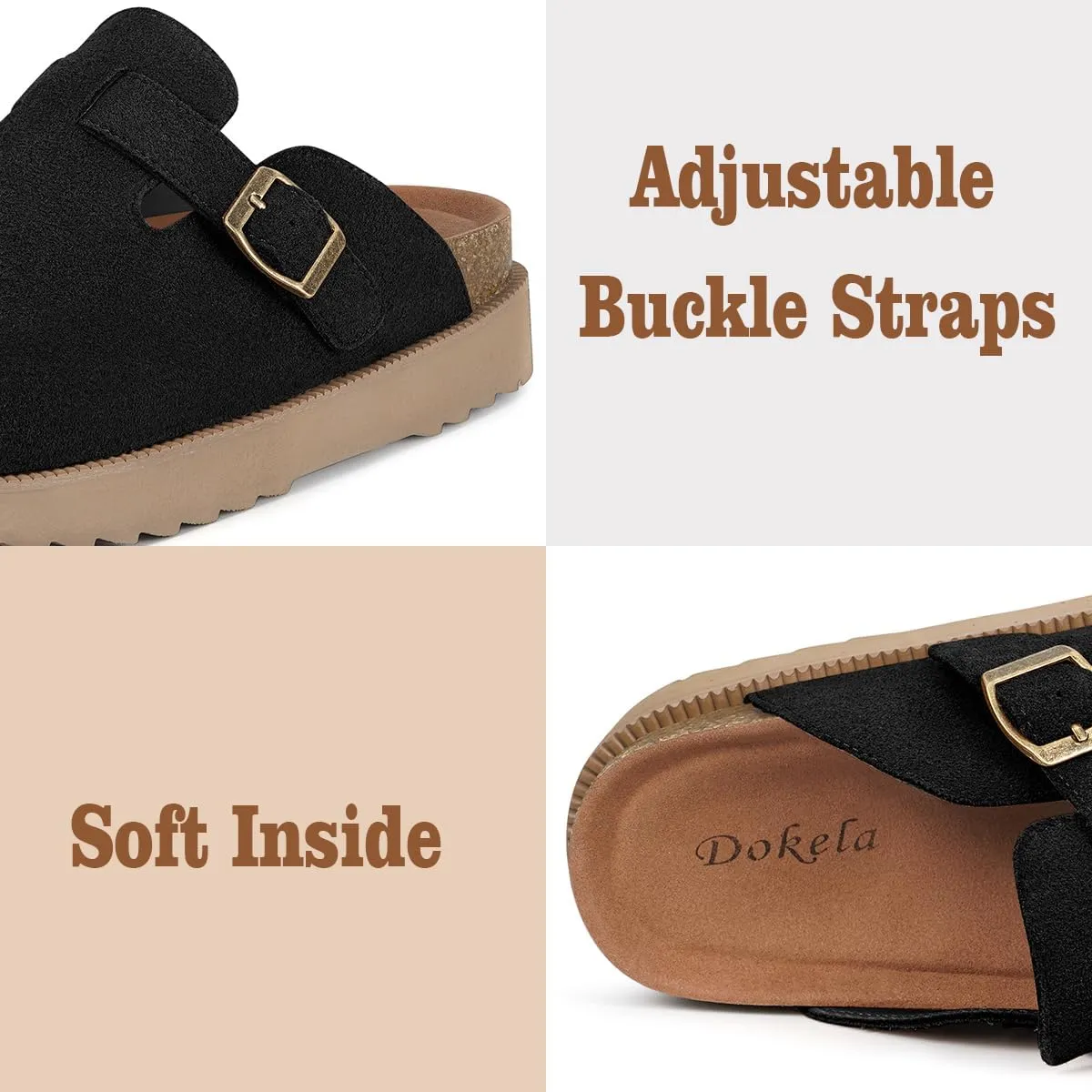 Women's Suede Clogs Leather Mules Comfort Cork Footbed Platform Clogs Adjustable Buckle Slip On Sandals Potato Shoes with Arch Support