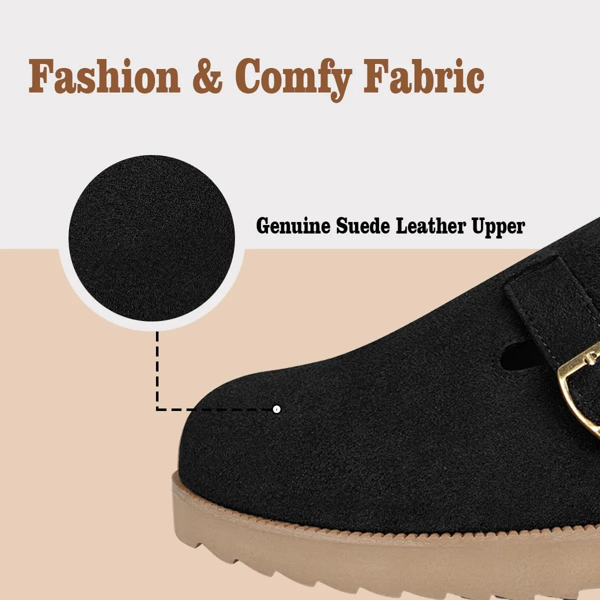 Women's Suede Clogs Leather Mules Comfort Cork Footbed Platform Clogs Adjustable Buckle Slip On Sandals Potato Shoes with Arch Support