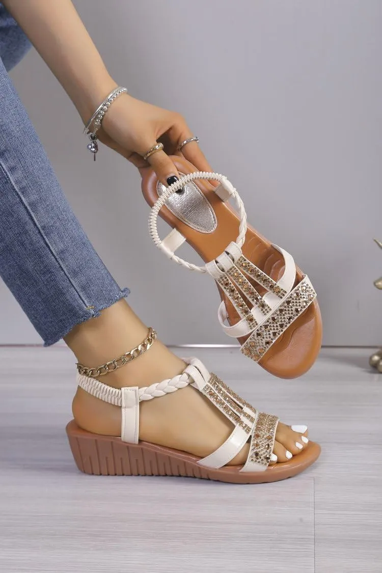 Womens Summer Boho Wedge Sandals, Size 9.5, Beige, Rhinestone, Open Toe, Ankle Strap, Casual, Platform Heel, EVA Sole, Foam Insole