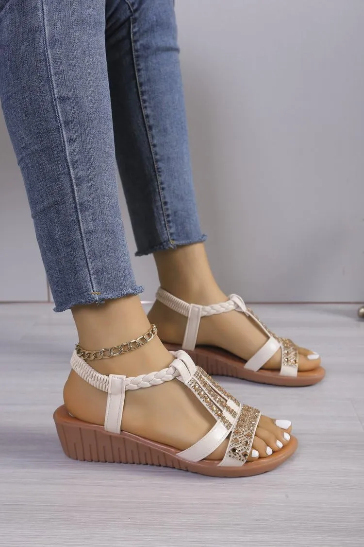 Womens Summer Boho Wedge Sandals, Size 9.5, Beige, Rhinestone, Open Toe, Ankle Strap, Casual, Platform Heel, EVA Sole, Foam Insole