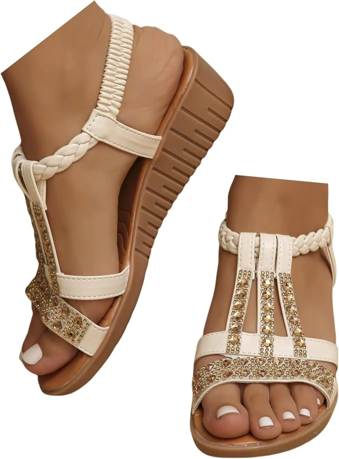 Womens Summer Boho Wedge Sandals, Size 9.5, Beige, Rhinestone, Open Toe, Ankle Strap, Casual, Platform Heel, EVA Sole, Foam Insole