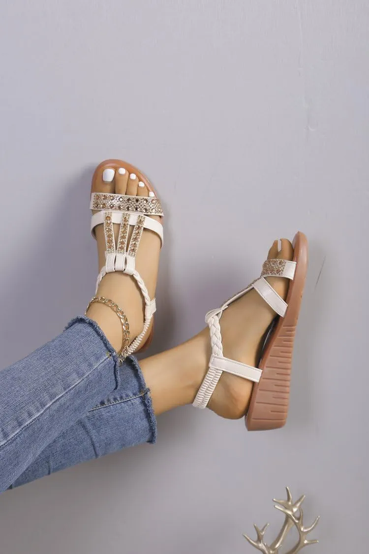 Womens Summer Boho Wedge Sandals, Size 9.5, Beige, Rhinestone, Open Toe, Ankle Strap, Casual, Platform Heel, EVA Sole, Foam Insole