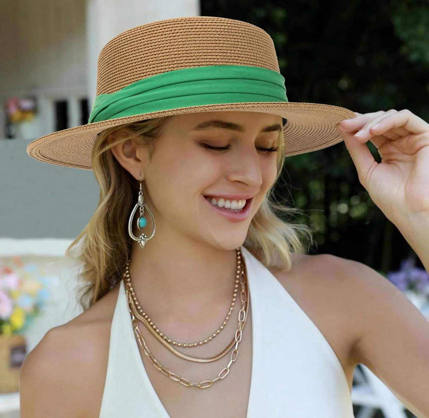 Women's Wide Brim Sun Hat Straw Panama Hat - UV-Protection Summer Boater Fedora Beach-Sun-Hats(M-L)