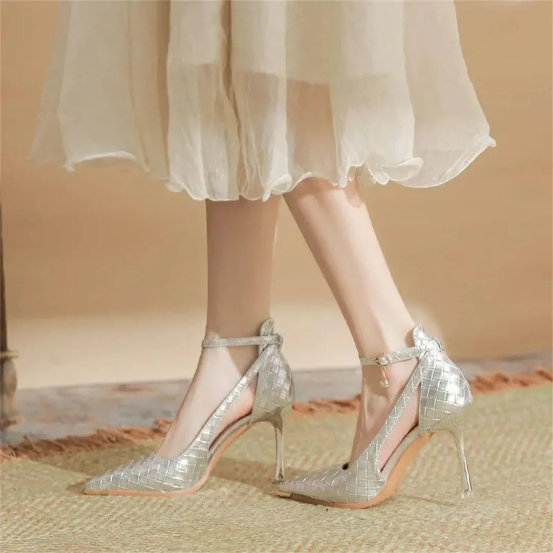 Women's Woven Checkered Pumps Pointed Toe High Heels Hollow Out Anti Kick Casual Shoes