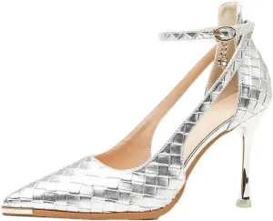 Women's Woven Checkered Pumps Pointed Toe High Heels Hollow Out Anti Kick Casual Shoes