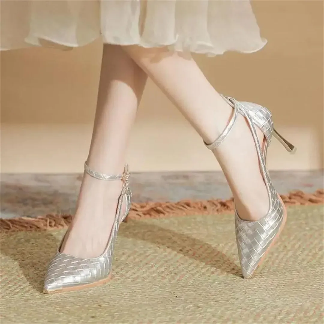 Women's Woven Checkered Pumps Pointed Toe High Heels Hollow Out Anti Kick Casual Shoes