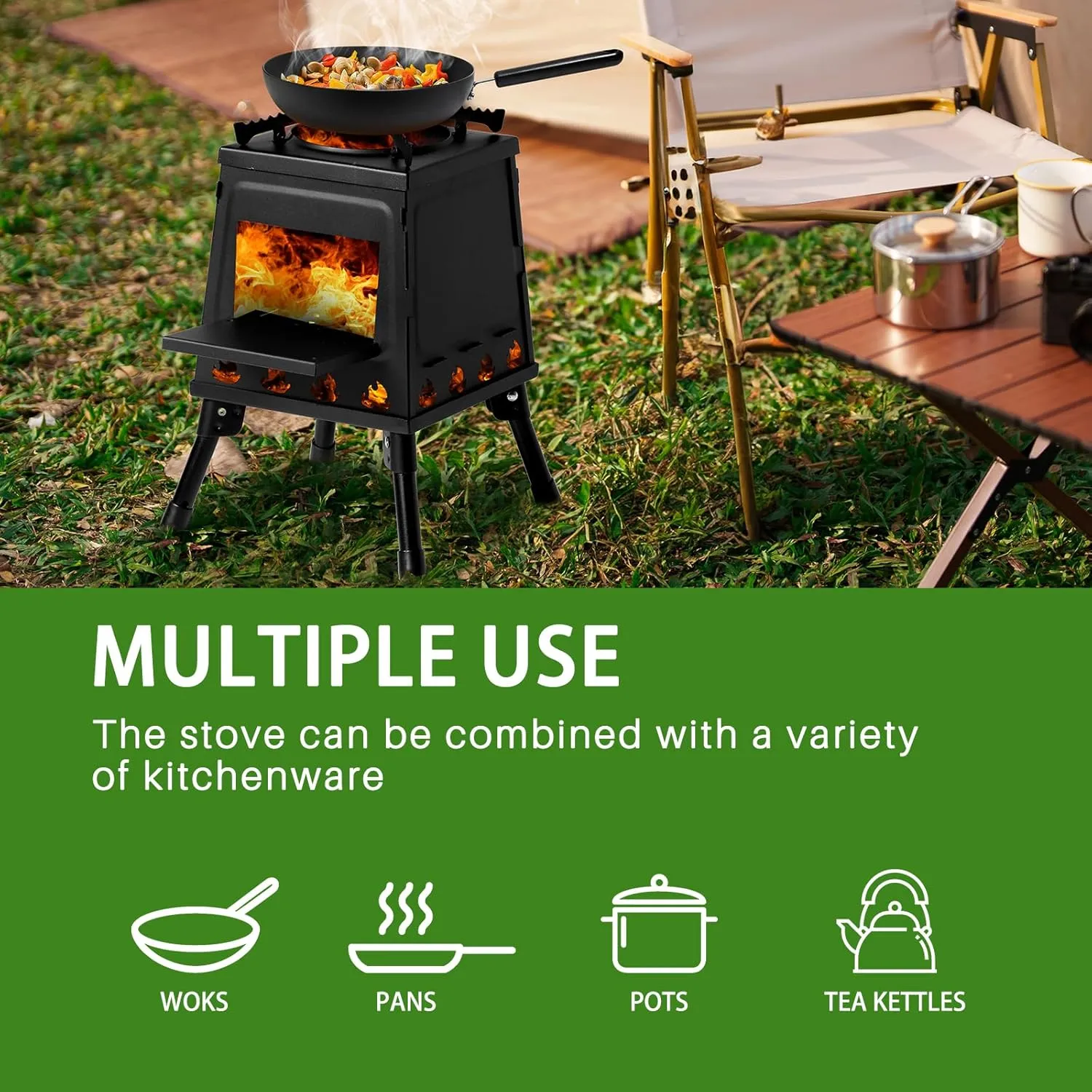 Wood Burning Stove with Pot Stand, Portable Camping Wood Stove with Folding Leg, Outdoor Cast Iron Wood Stove with Carrying Bag, Firewood Hook for Camping Cooking, Medium