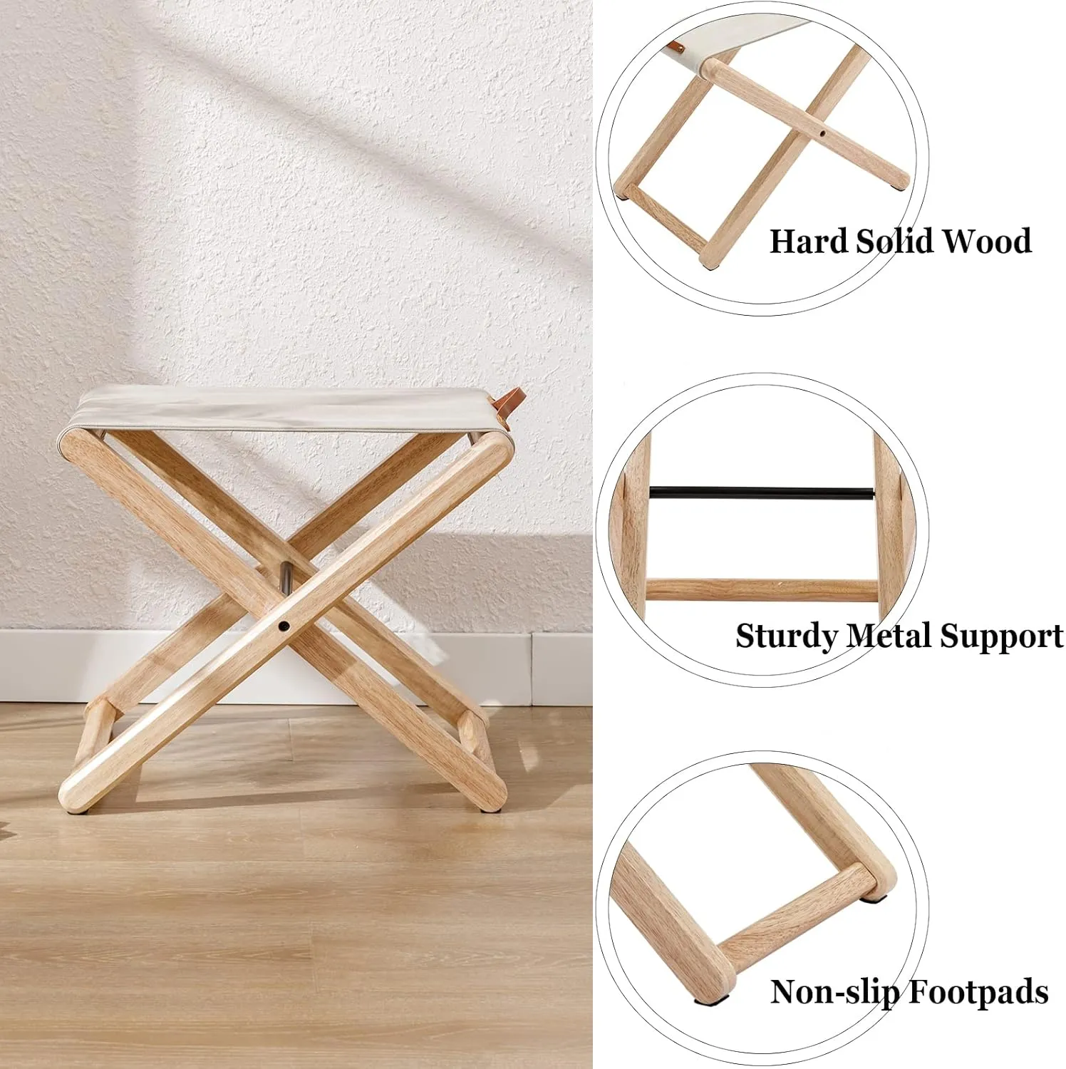 Wood Folding Camping Stools Set of 2, 18.5" Hardwood Portable Fishing Folding Stool with Heavy Duty Metal Support Canvas Camp Stool Foldable Footstool for Outdoor Hiking Picnic BBQ, Beige