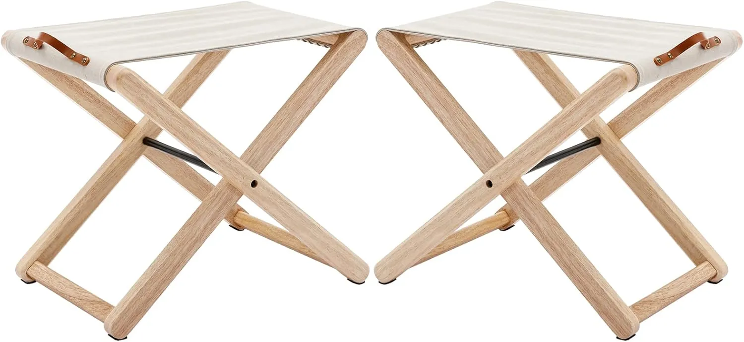 Wood Folding Camping Stools Set of 2, 18.5" Hardwood Portable Fishing Folding Stool with Heavy Duty Metal Support Canvas Camp Stool Foldable Footstool for Outdoor Hiking Picnic BBQ, Beige
