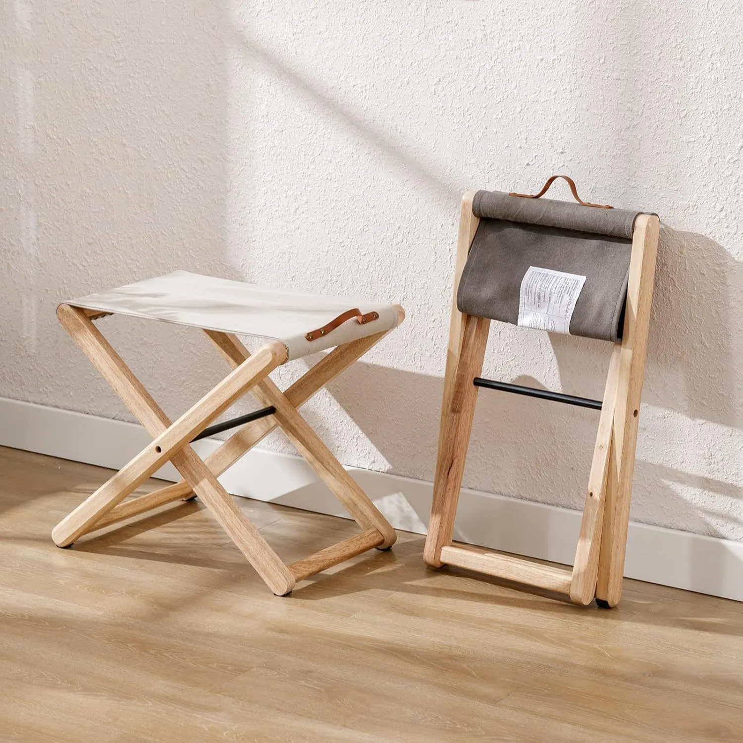 Wood Folding Camping Stools Set of 2, 18.5" Hardwood Portable Fishing Folding Stool with Heavy Duty Metal Support Canvas Camp Stool Foldable Footstool for Outdoor Hiking Picnic BBQ, Beige