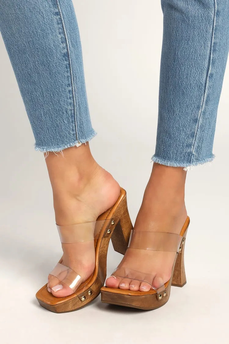 Wooden Toe Schutz Heel Square Strap Vinyl Aryana Double Feature-rich Sandals Super sale Brown Platform