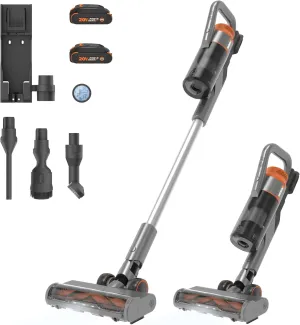 WORX 20V Cordless Stick Vacuum, Powerful Cordless Vacuum Cleaner 25Kpa High Suction for Pet Hair, Lightweight Handheld Vacuum Cleans Floors Carpet Car – 2 Batteries & Wall-Mount Charger Included