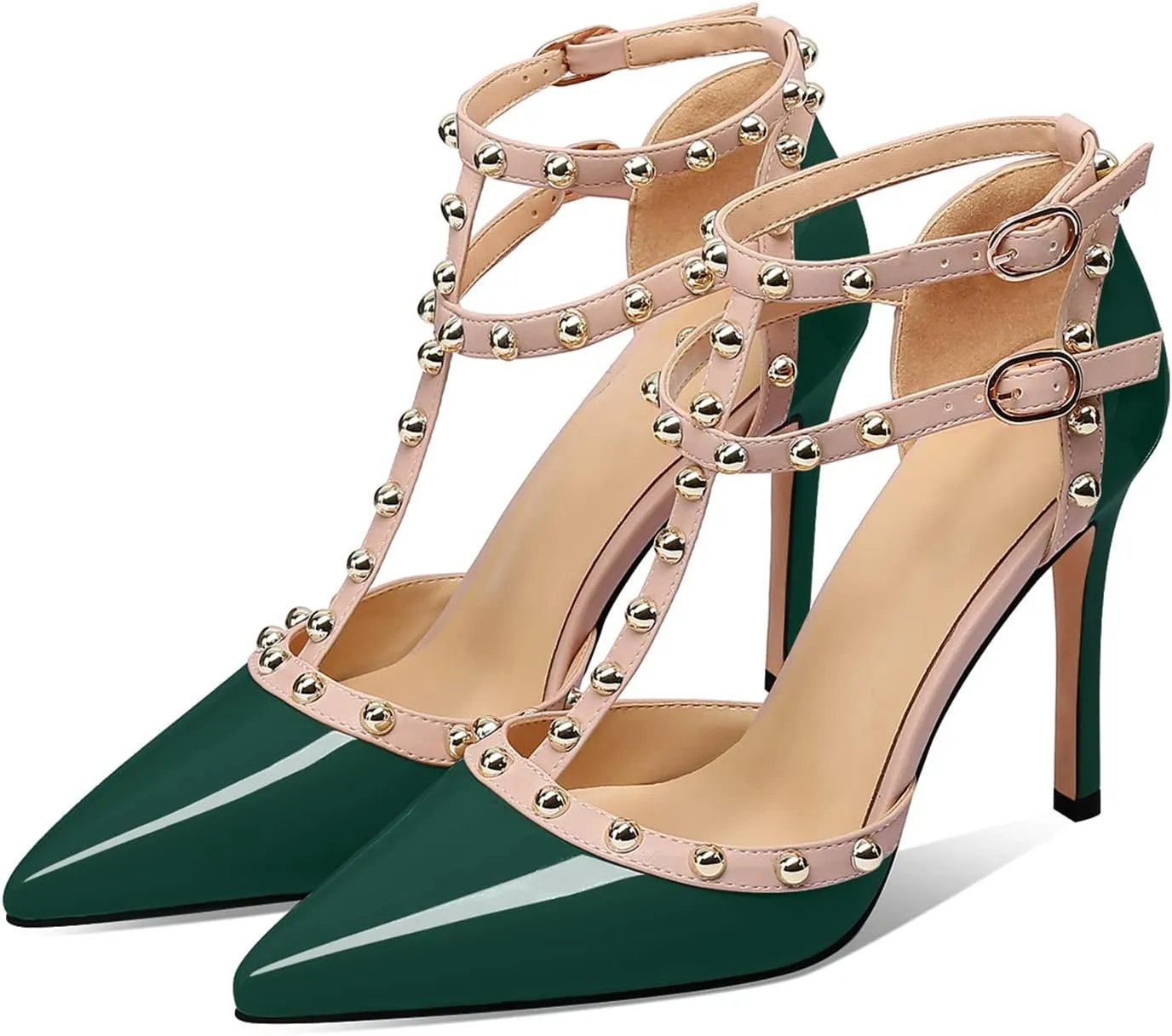XINIUNIU Stiletto High Heels for Women Studded Heels with Studs Pumps 4 Inch Heeled Sandals Sexy Pointed Toe Ankle-strap Patent Leather Dress Wedding Shoes