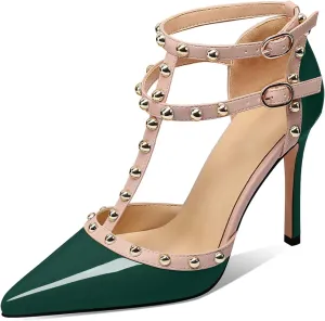 XINIUNIU Stiletto High Heels for Women Studded Heels with Studs Pumps 4 Inch Heeled Sandals Sexy Pointed Toe Ankle-strap Patent Leather Dress Wedding Shoes
