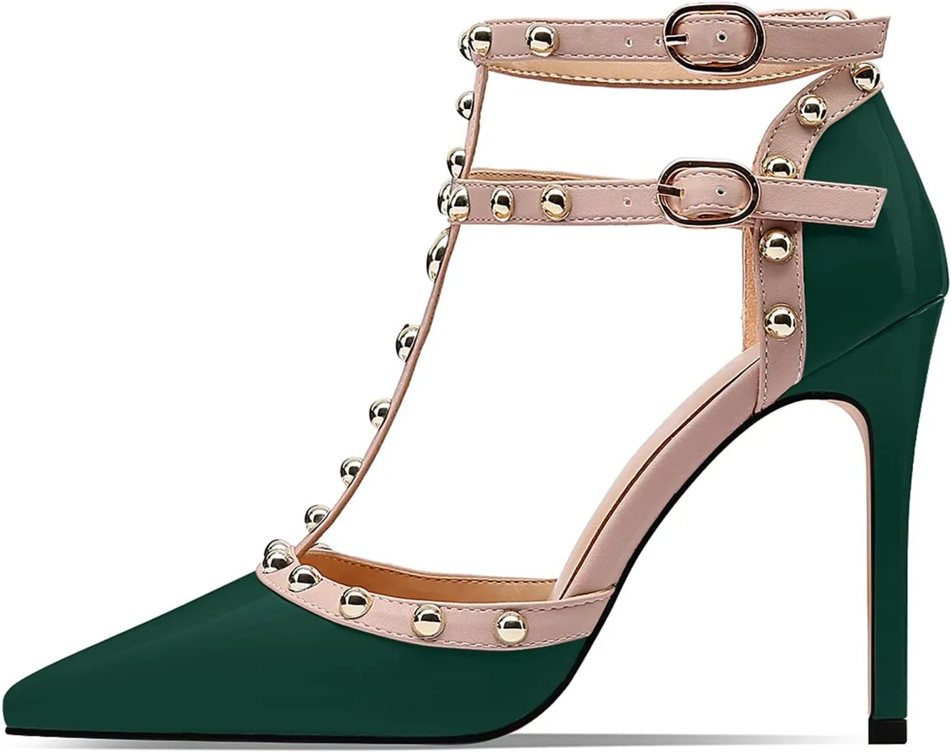 XINIUNIU Stiletto High Heels for Women Studded Heels with Studs Pumps 4 Inch Heeled Sandals Sexy Pointed Toe Ankle-strap Patent Leather Dress Wedding Shoes