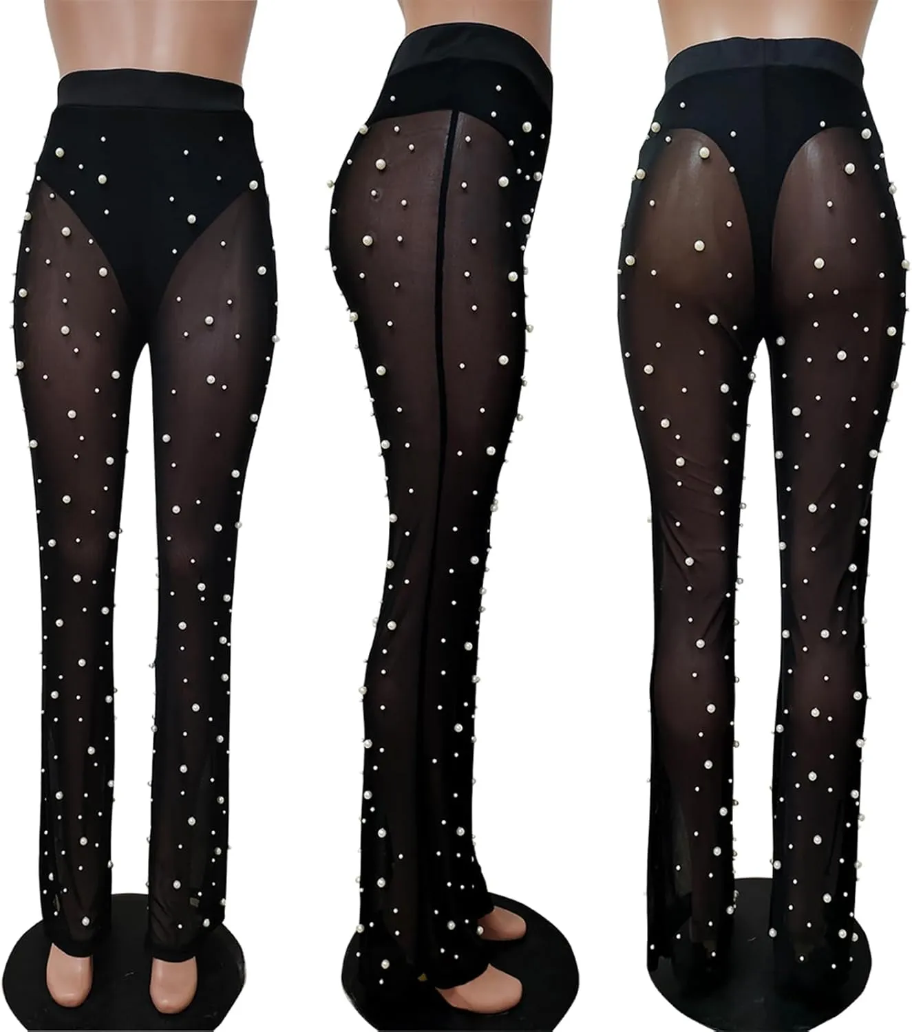 XZLUFNY Women Mesh Sheer See Through Bead Pants Elastic High Waist Flare Long Legging Trouser