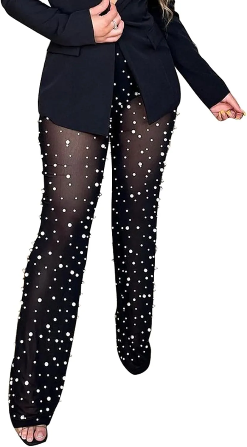 XZLUFNY Women Mesh Sheer See Through Bead Pants Elastic High Waist Flare Long Legging Trouser