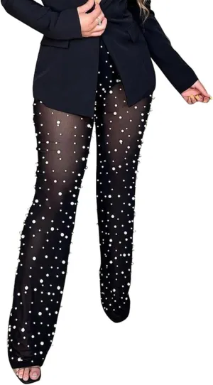 XZLUFNY Women Mesh Sheer See Through Bead Pants Elastic High Waist Flare Long Legging Trouser